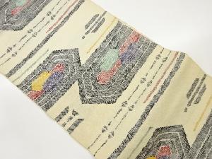 手織り紬変わり横段に抽象模様織出し名古屋帯